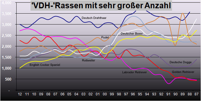 VDH-Rassen mit sehr großer Anzahl Welpen pro Jahr